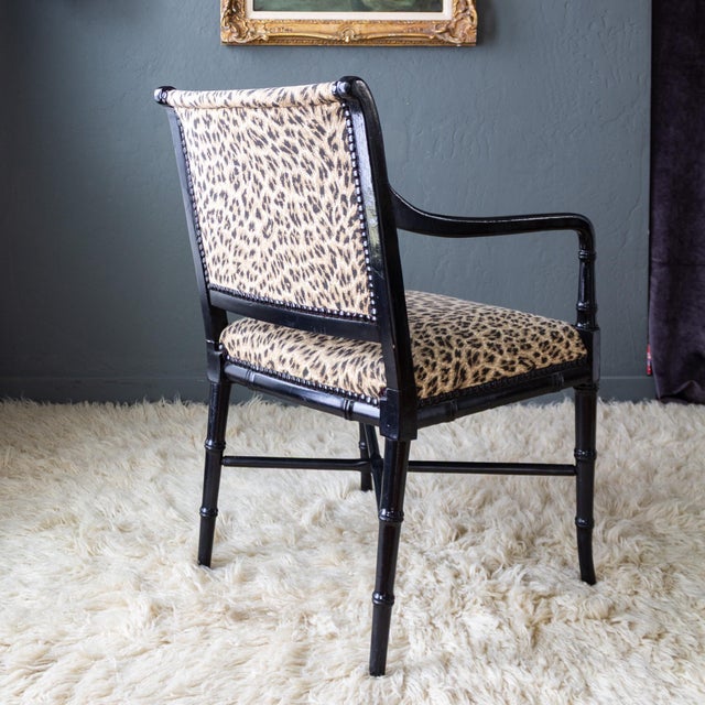 Leopard Upholstered Black Faux Bamboo Directoire Style Armchairs For Sale - Image 9 of 18