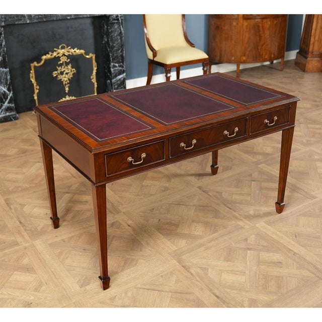 Brown Mahogany Writing Table With Red Leather For Sale - Image 8 of 14