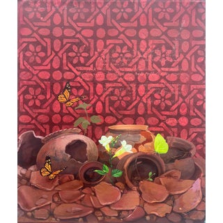 Light in the Darkness (III) by Ifeoluwa Alade | Acrylic and glow in the dark medium on canvas Still life with butterflies and broken pottery For Sale