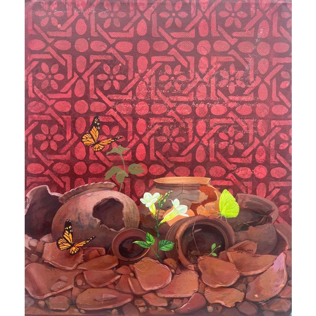 Light in the Darkness (III) by Ifeoluwa Alade | Acrylic and glow in the dark medium on canvas Still life with butterflies and broken pottery For Sale