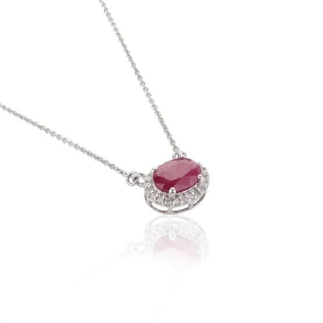 Art Deco 14k Gold Oval Halo Diamond Ruby Birthstone Necklace for Her For Sale - Image 3 of 13