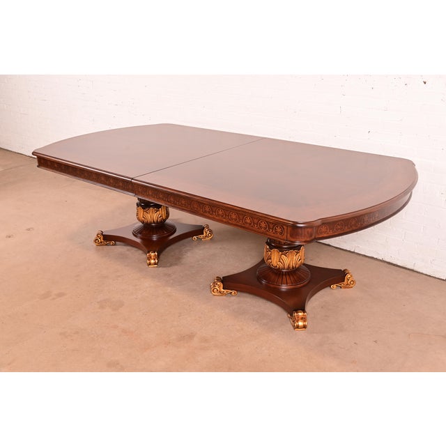 Karges Furniture Style Italian Neoclassical Inlaid Burl Wood and Parcel Gilt Extension Dining Table, Newly Refinished For Sale - Image 10 of 16