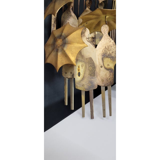 Metal 1970s Mid Century Modern Trees Umbrella Metal Brass Wall Art Rainy Day at the Bus Stop For Sale - Image 7 of 9