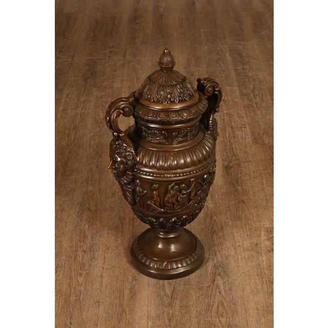 Neoclassical Neoclassical Style Large Pair Of Cast Bronze Covered Urns With Figural Relief For Sale - Image 3 of 18