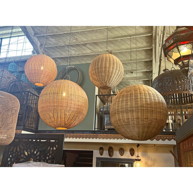 Wood Raw Rattan Globe Coastal Contemporary Pendant Light Large For Sale - Image 7 of 10