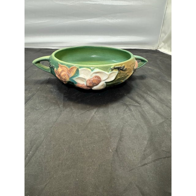 Green Vintage Roseville Pottery Green Double Handled Magnolia Bowl 447-6 1940's MCM For Sale - Image 8 of 11