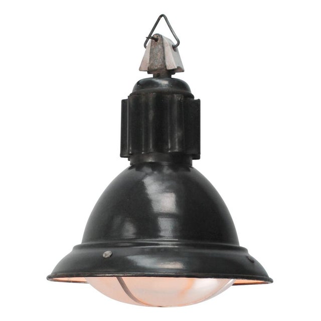 Industrial French Black Enamel and Clear Glass Factory Pendant Lamp For Sale - Image 6 of 7