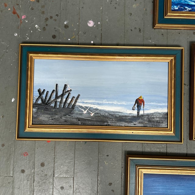 Set of 5 1970’s impressionist beach harbor seascape paintings. Signed and framed. They measure 34x12,, 24x14 (3), and...