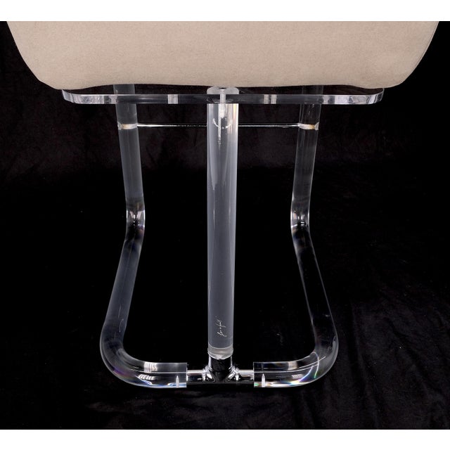 Pair Bent Lucite 1970s New Alcantera Upholstery Swivel Barstool Chairs Chairs For Sale - Image 6 of 15