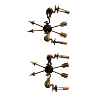 Pair of Vintage French Empire Revival Brass and Enamel Swan Sconces For Sale