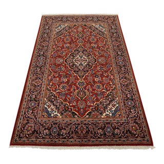 Kashan Rug 4’7” X 7’1” Red Wool Vintage Traditional Hand-Knotted Carpet For Sale