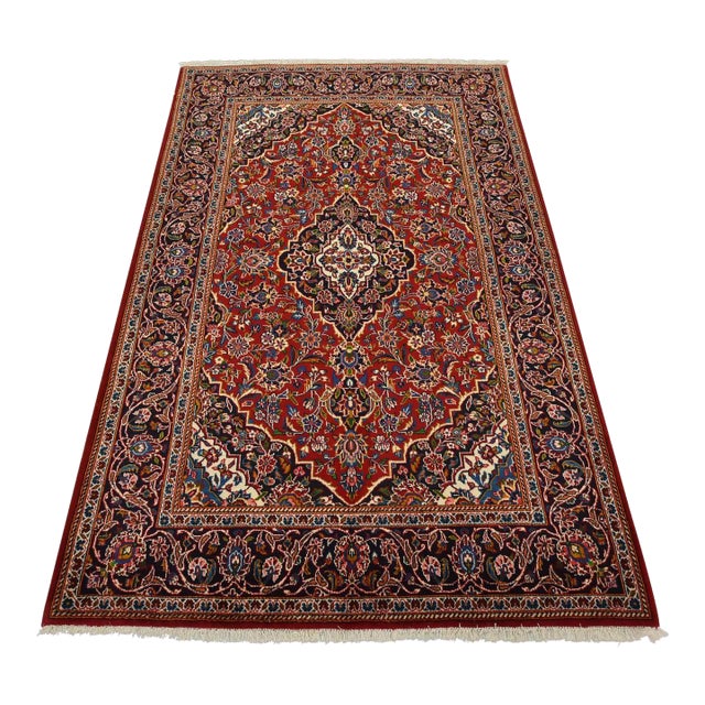 Kashan Rug 4’7” X 7’1” Red Wool Vintage Traditional Hand-Knotted Carpet For Sale
