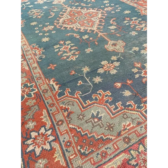 Beautiful late 19th century European rug with nice Turkish Oushak design a beautiful color with blue field and orange and...