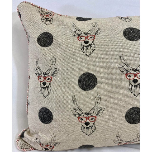 Whimsical Reindeer Wearing Red Glasses Christmas Themed Bolster Pillow With Candy Stripe Back - Made in U K For Sale - Image 4 of 9