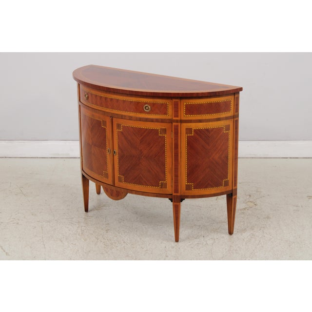 Italian Decorative Crafts Walnut Inlaid Demi Lune Commode Cabinet For Sale - Image 3 of 18