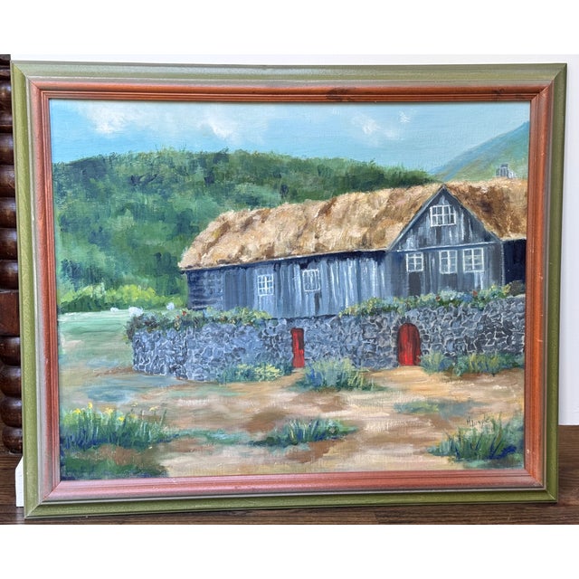 1960’s Pastoral / Architectural Folk Art Oil Painting on Faroe Islands For Sale - Image 10 of 14