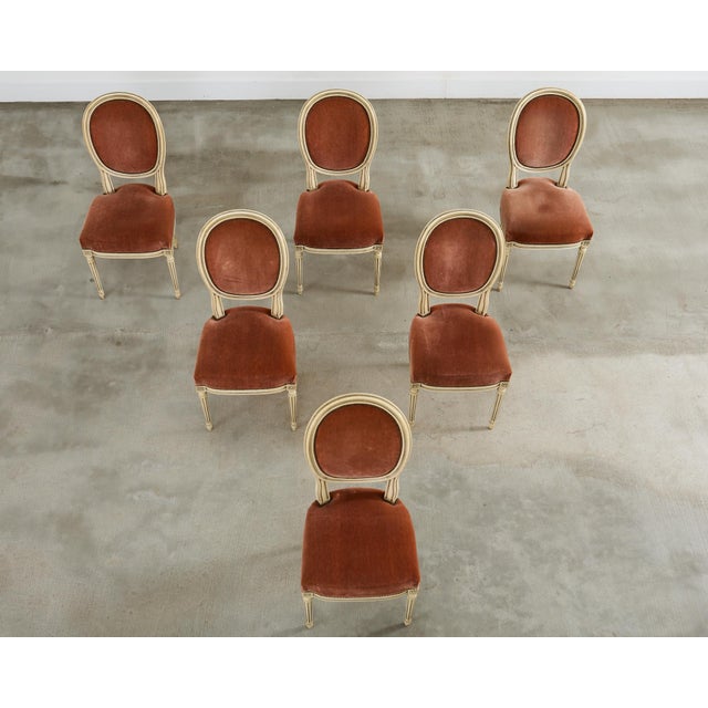 French Set of Six French Louis XVI Style Painted Dining Chairs With Mohair For Sale - Image 3 of 12