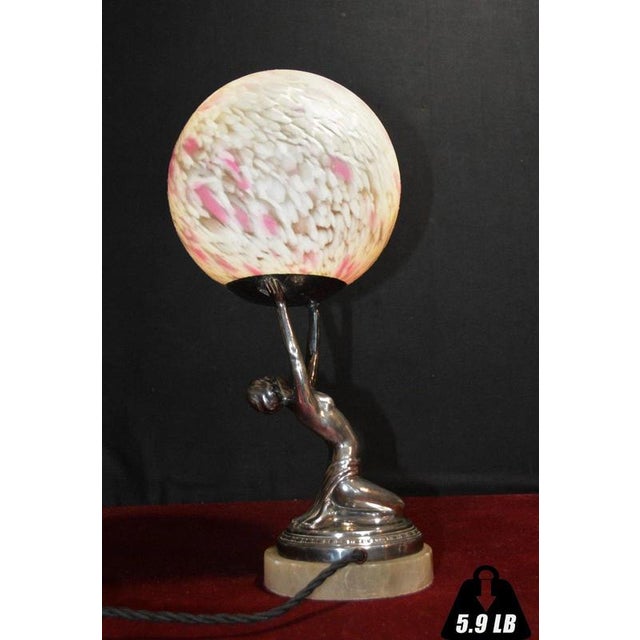 Glass French Art Deco Chrome Figural Dancer Lamp with Opaline Glass Globe, 1930s For Sale - Image 7 of 18