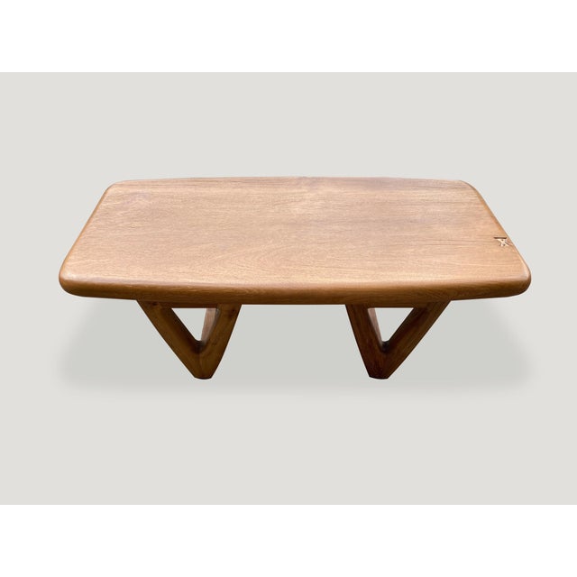 Andrianna Shamaris Mid Century Couture Triangle Base Teak Wood Coffee Table For Sale - Image 4 of 6