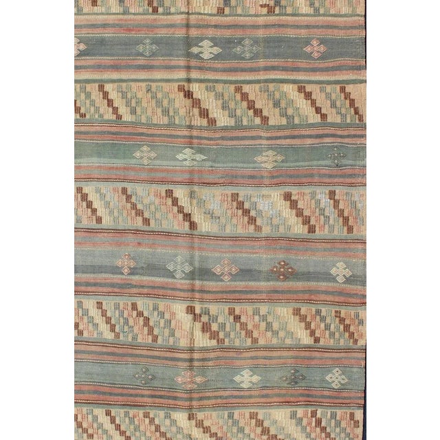 Keivan Woven Arts, Tu-Ned-134, kwarugs. Vintage Turkish Kilim with stripped Embroidery in Multi Warm Butter and Green....