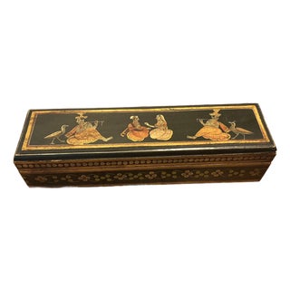 Vintage Hand-Painted Indian Wooden Box With Figural Court Scene For Sale
