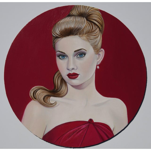 Scarlet by Suzy Smith | Oil Painting of a woman in a red dress with styled hair For Sale