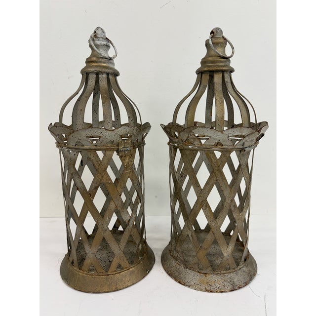 Metal Pair of Distressed Metal Lanterns For Sale - Image 7 of 9