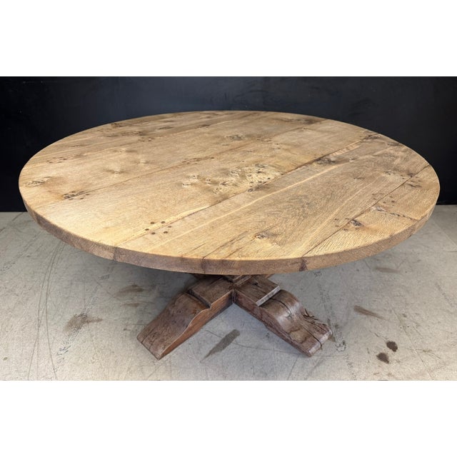 Large Round Bleached Oak Farmhouse Dining Table, 1925 For Sale - Image 16 of 16