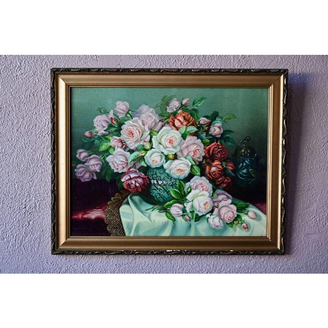 Floral Still Life, Early 20th Century, Chromolithograph on Canvas, Framed For Sale - Image 9 of 9
