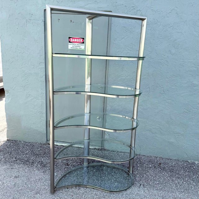 Postmodern Sculpted Brushed Metal Etagere/Bookshelf With Tear Drop Glass Shelves For Sale - Image 4 of 12