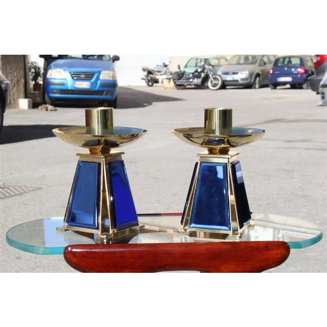 Gold-Plated Brass & Mirrored Glass Candelabras In Bevelled Cobalt Blue, 1950s, Set of 2 For Sale - Image 12 of 12