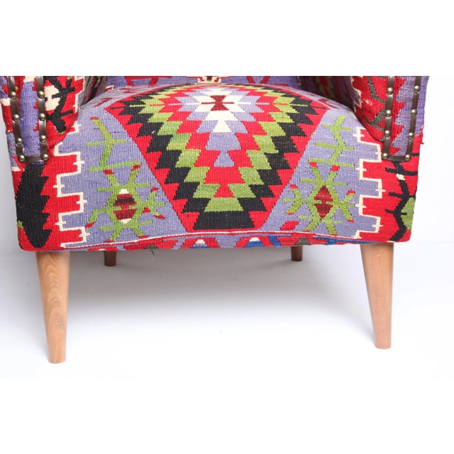 Classic Kilim Upholstered Wingback Armchair, Vintage Boho Vibes For Sale - Image 9 of 9