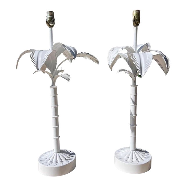 Vintage Tole Painted Metal Palm Tree Form Table Lamps, a Pair For Sale