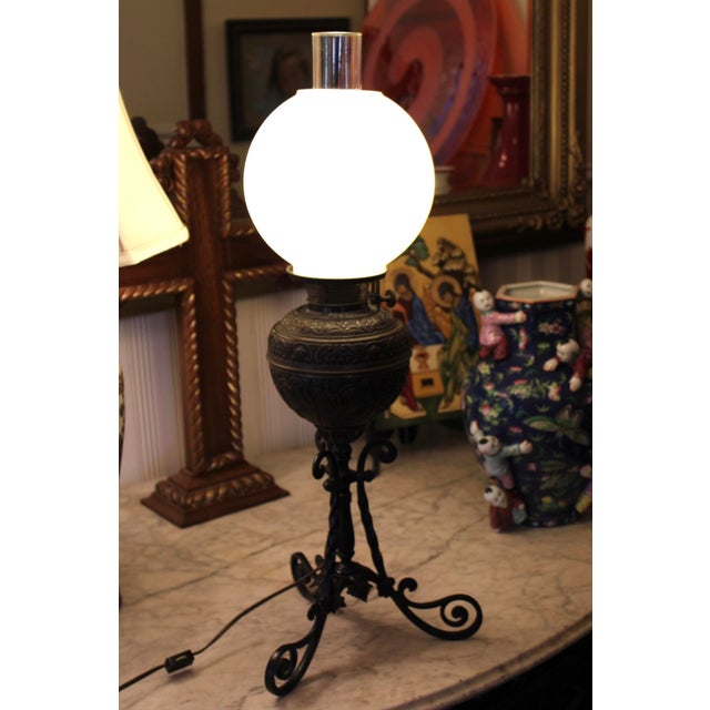 Antique Victorian Bradley & Hubbard (B&h) Brass Banquet Lamp W/ Milk Glass Globe For Sale - Image 9 of 10