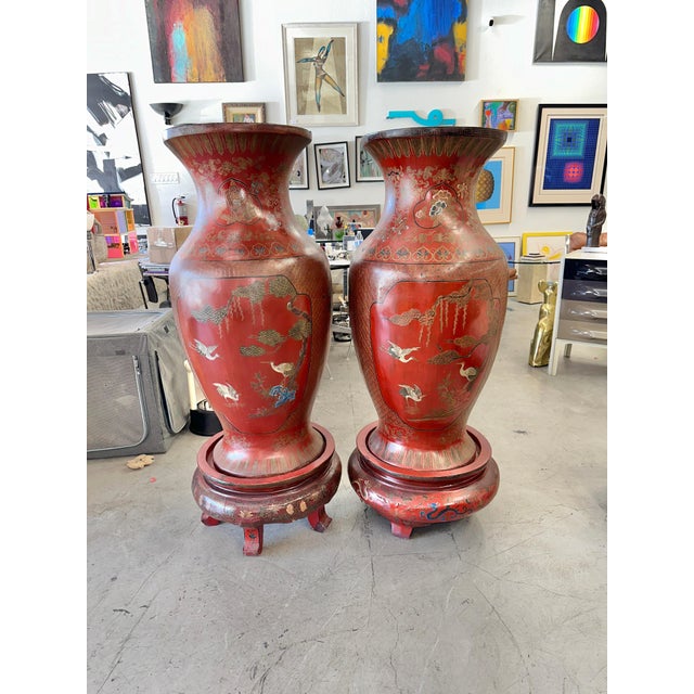 Wood Large 19th Century Chinese Red Lacquered Palace Vases on Stands - A Pair For Sale - Image 7 of 12