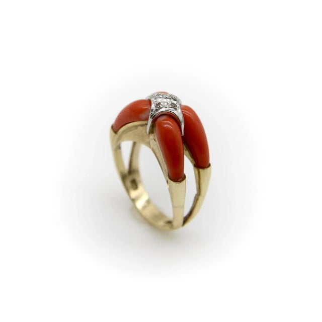 1960s 14k Gold Coral and Diamond Modernist Ring Size 7.75 For Sale - Image 10 of 10