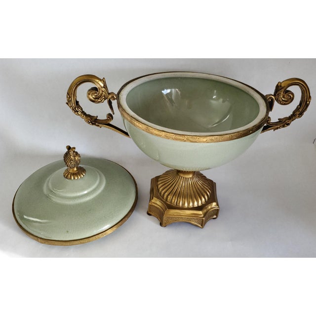 Celadon Footed Bowl or Urn Celadon Green & Brass Candy Dish For Sale - Image 8 of 12