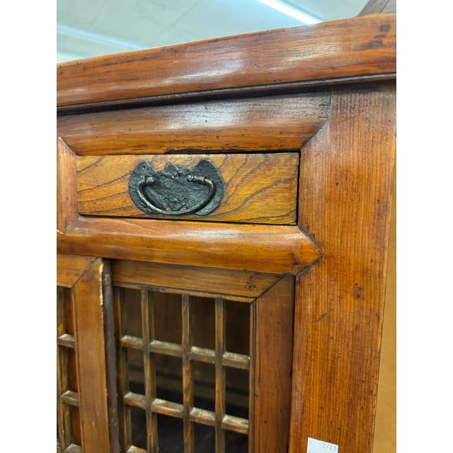 Wood Vintage Korean-Style Wooden Storage Tansu Cabinet With Lattice Doors & Iron Hardware For Sale - Image 7 of 12