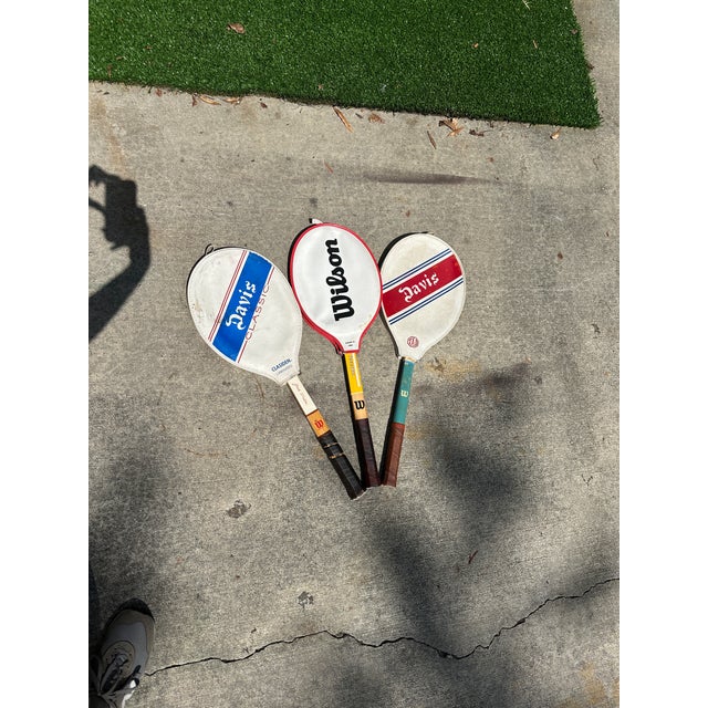 Wood Collection of Vintage Wooden Wilson Tennis Rackets With Cover and Blue and Yellow Accents For Sale - Image 7 of 7