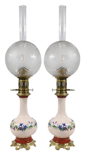 Oil Lamps in Porcelain, 1890s, Set of 2