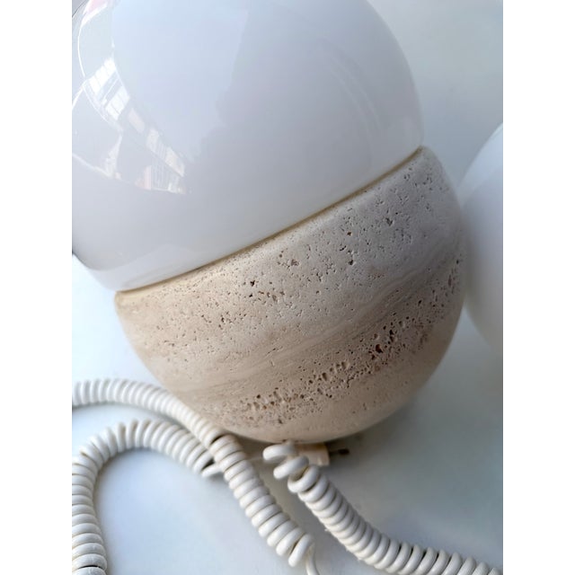Pair of Travertine and Opaline Glass Culbuto Lamps Italy, 1980s For Sale - Image 10 of 12
