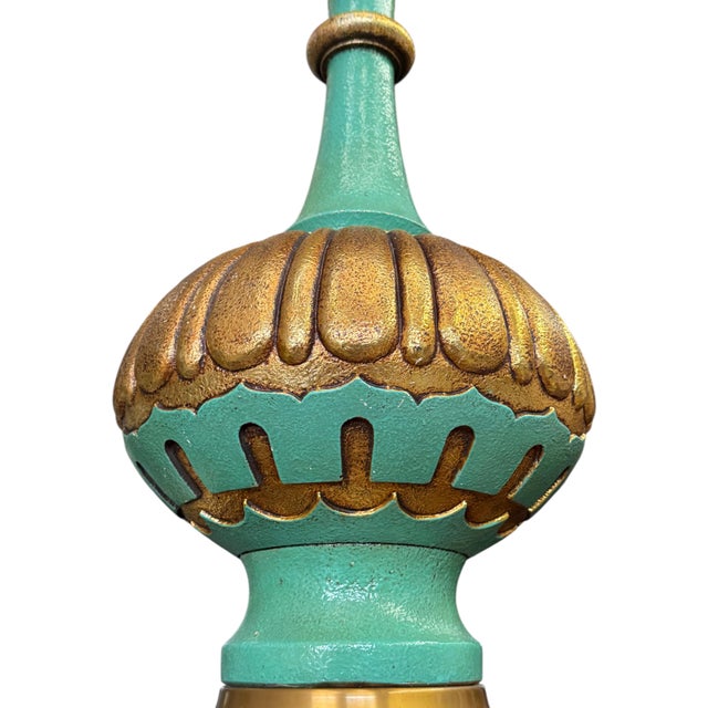 A fantastic pair of massive mid-century table lamps in molded plaster by the Fortune Lamp Company; 1963. Painted in vivid...