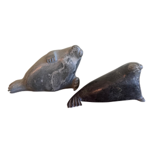 1960s Inuit Soapstone Carvings, Beached Walruses- Set of 2