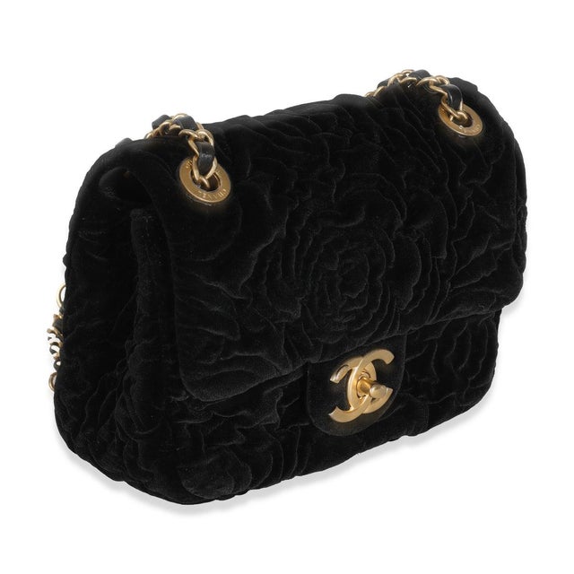 Traditional Black Camellia Embossed Velvet Mini Square Flap Bag For Sale - Image 3 of 9