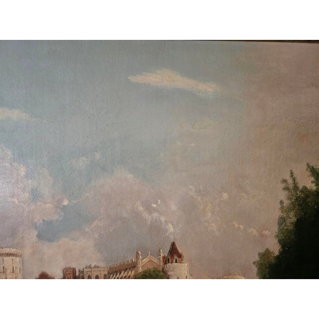 Large Windsor Castle Thames Landscape Oil Painting in Ornate Pierced Frame With Picture Light For Sale - Image 13 of 17
