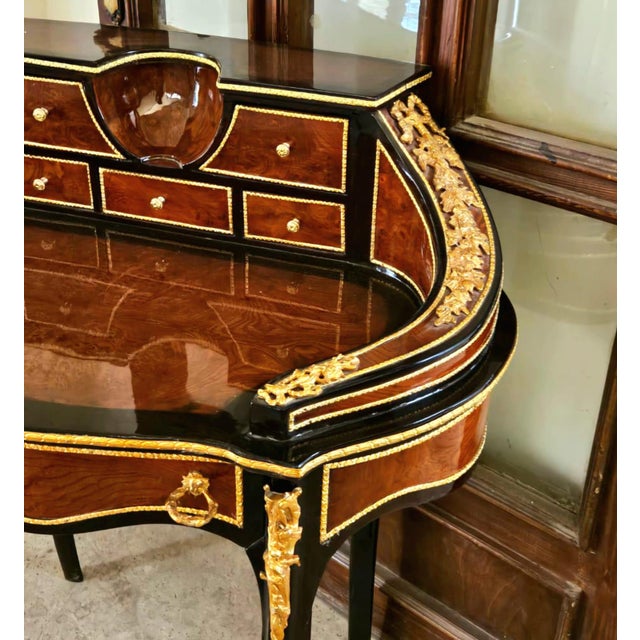 French French Ladies Writing Desk With Gallery Rail & 6 Drawers – Bronze Mounted Vanity Desk For Sale - Image 3 of 5