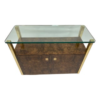 Late 20th Century Bookmatched Burl Veneer Bar Cart With Brass Frame and Glass Top For Sale