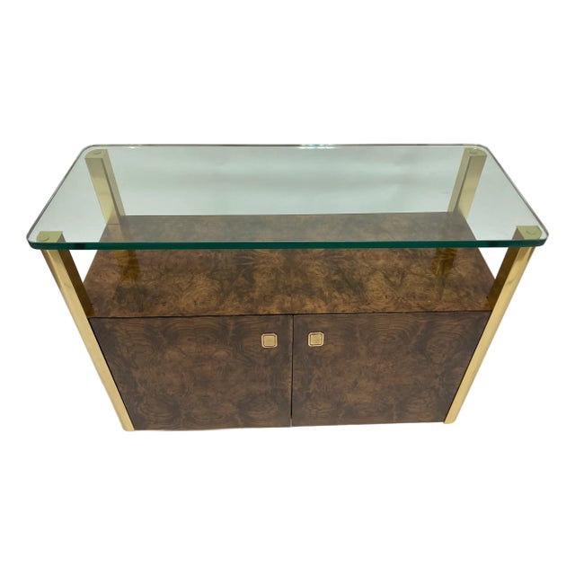 Late 20th Century Bookmatched Burl Veneer Bar Cart With Brass Frame and Glass Top For Sale
