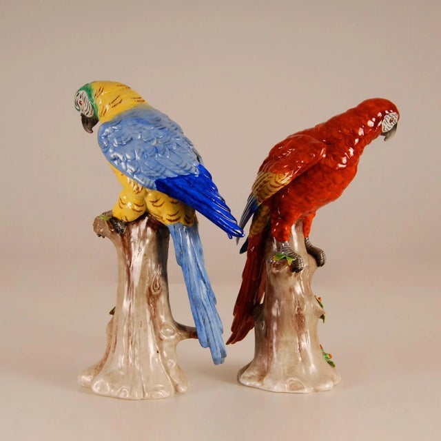 Victorian Antique Victorian Ceramic Macaw Parrots Birds German Dresden Saxe Porcelain Animal Figurine - a Pair For Sale - Image 3 of 9