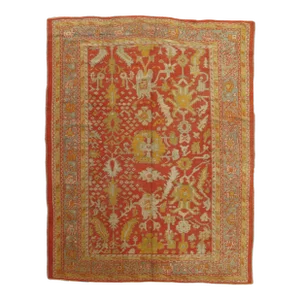 Antique Oushak Oriental Handmade Saffron, Light Blue & Coral Rug